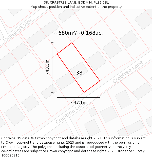 38, CRABTREE LANE, BODMIN, PL31 1BL: Plot and title map