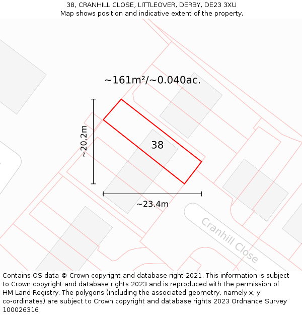 38, CRANHILL CLOSE, LITTLEOVER, DERBY, DE23 3XU: Plot and title map