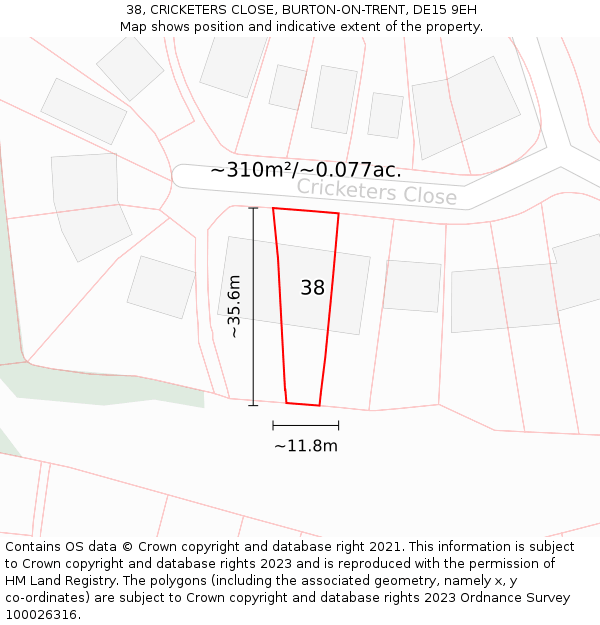 38, CRICKETERS CLOSE, BURTON-ON-TRENT, DE15 9EH: Plot and title map