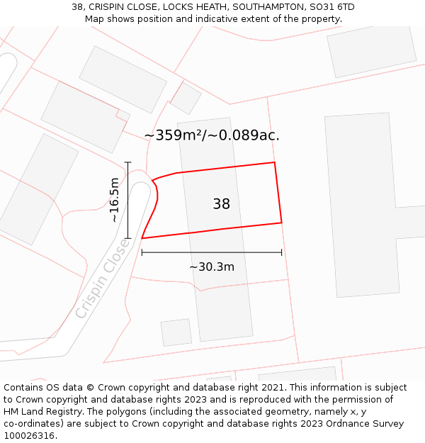 38, CRISPIN CLOSE, LOCKS HEATH, SOUTHAMPTON, SO31 6TD: Plot and title map
