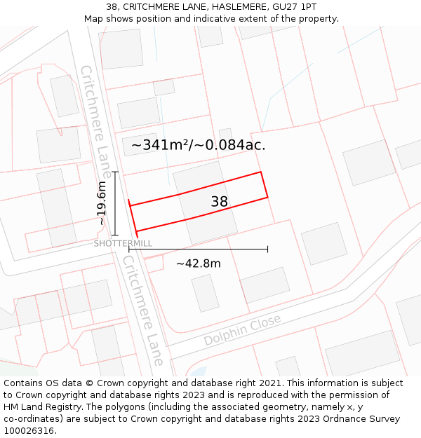 38, CRITCHMERE LANE, HASLEMERE, GU27 1PT: Plot and title map