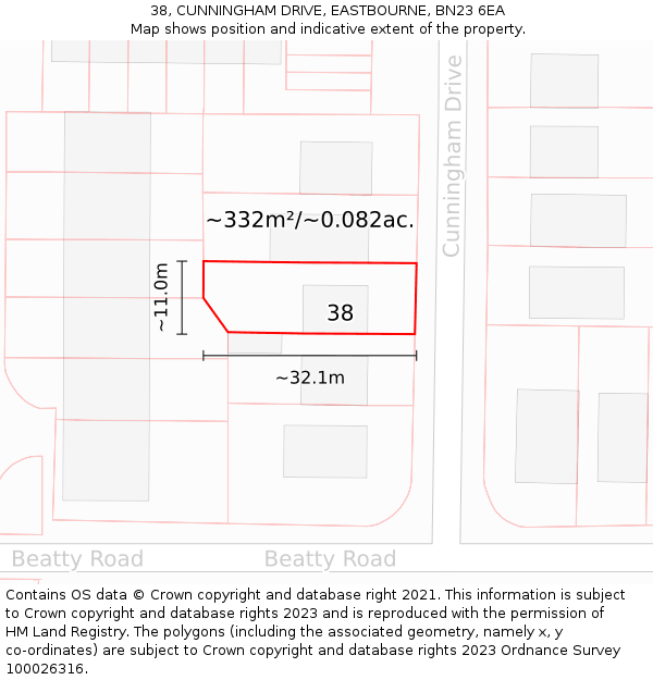 38, CUNNINGHAM DRIVE, EASTBOURNE, BN23 6EA: Plot and title map