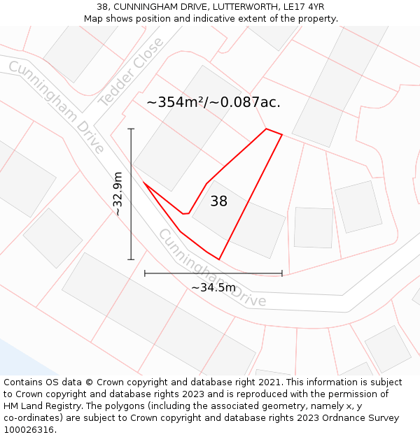 38, CUNNINGHAM DRIVE, LUTTERWORTH, LE17 4YR: Plot and title map
