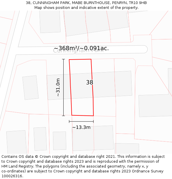 38, CUNNINGHAM PARK, MABE BURNTHOUSE, PENRYN, TR10 9HB: Plot and title map