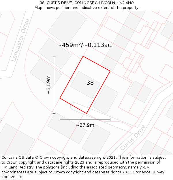 38, CURTIS DRIVE, CONINGSBY, LINCOLN, LN4 4NQ: Plot and title map