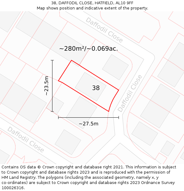 38, DAFFODIL CLOSE, HATFIELD, AL10 9FF: Plot and title map