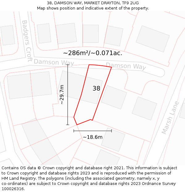 38, DAMSON WAY, MARKET DRAYTON, TF9 2UG: Plot and title map