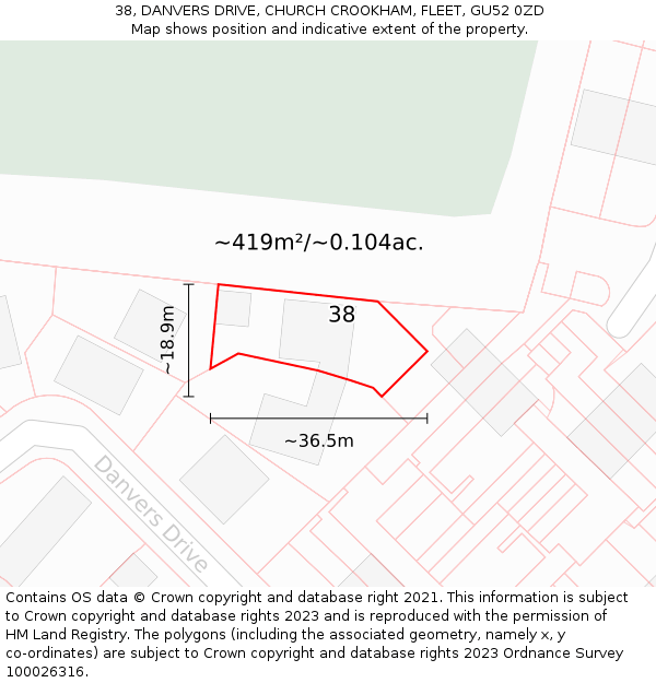 38, DANVERS DRIVE, CHURCH CROOKHAM, FLEET, GU52 0ZD: Plot and title map