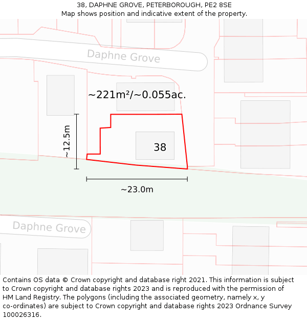 38, DAPHNE GROVE, PETERBOROUGH, PE2 8SE: Plot and title map