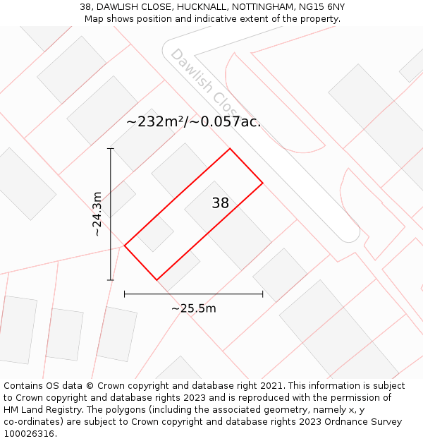 38, DAWLISH CLOSE, HUCKNALL, NOTTINGHAM, NG15 6NY: Plot and title map