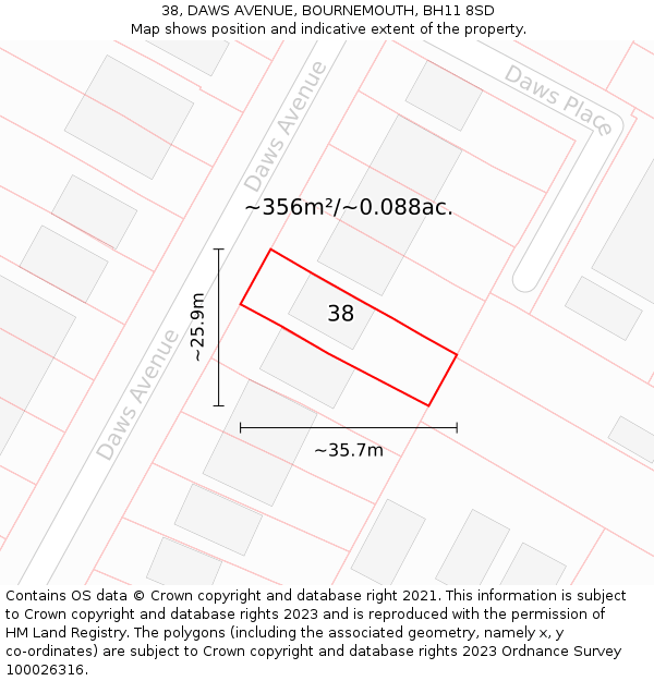 38, DAWS AVENUE, BOURNEMOUTH, BH11 8SD: Plot and title map