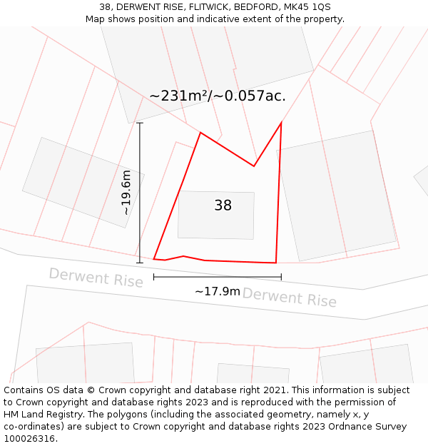 38, DERWENT RISE, FLITWICK, BEDFORD, MK45 1QS: Plot and title map