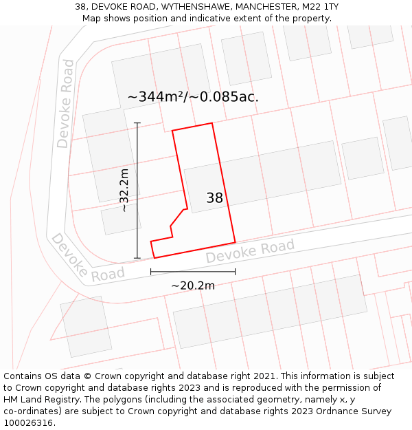 38, DEVOKE ROAD, WYTHENSHAWE, MANCHESTER, M22 1TY: Plot and title map