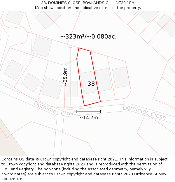 38, DOMINIES CLOSE, ROWLANDS GILL, NE39 1PA: Plot and title map