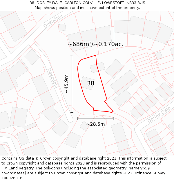 38, DORLEY DALE, CARLTON COLVILLE, LOWESTOFT, NR33 8US: Plot and title map