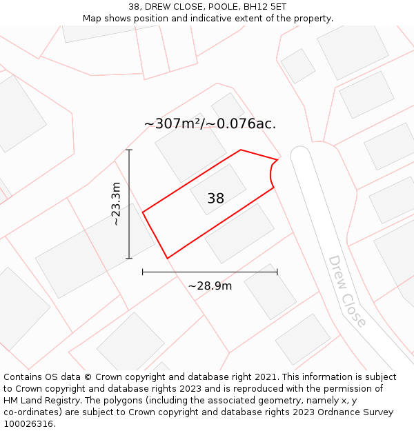 38, DREW CLOSE, POOLE, BH12 5ET: Plot and title map