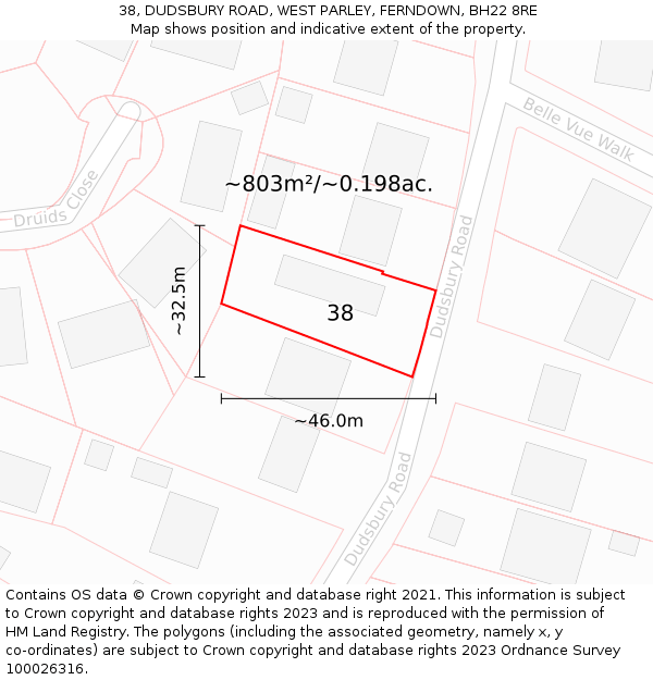 38, DUDSBURY ROAD, WEST PARLEY, FERNDOWN, BH22 8RE: Plot and title map