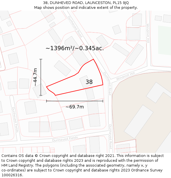 38, DUNHEVED ROAD, LAUNCESTON, PL15 9JQ: Plot and title map