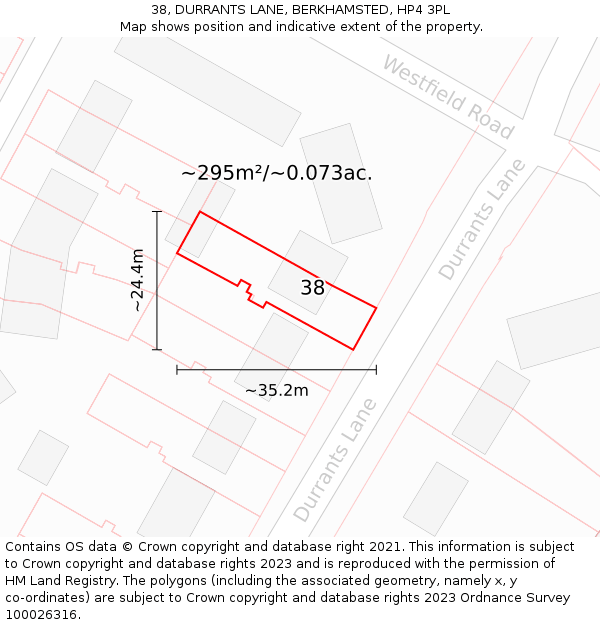 38, DURRANTS LANE, BERKHAMSTED, HP4 3PL: Plot and title map