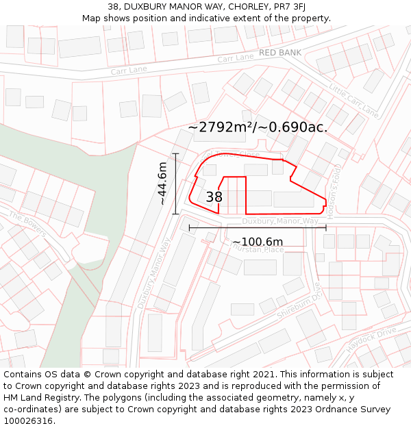 38, DUXBURY MANOR WAY, CHORLEY, PR7 3FJ: Plot and title map