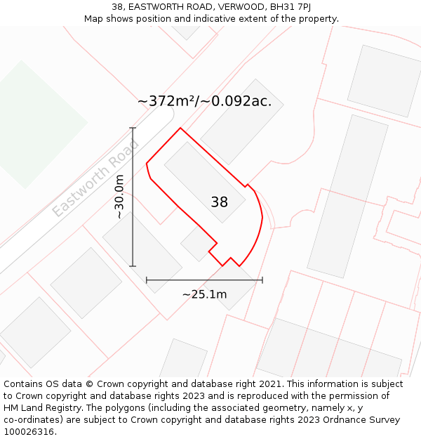 38, EASTWORTH ROAD, VERWOOD, BH31 7PJ: Plot and title map