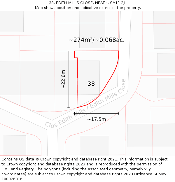38, EDITH MILLS CLOSE, NEATH, SA11 2JL: Plot and title map