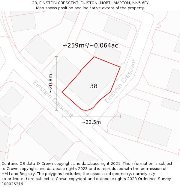 38, EINSTEIN CRESCENT, DUSTON, NORTHAMPTON, NN5 6FY: Plot and title map