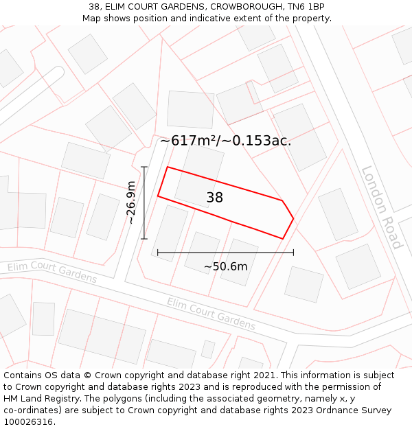 38, ELIM COURT GARDENS, CROWBOROUGH, TN6 1BP: Plot and title map