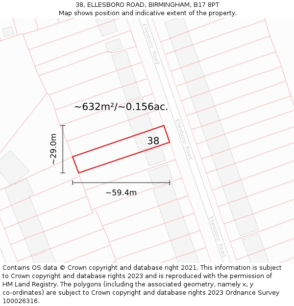 38, ELLESBORO ROAD, BIRMINGHAM, B17 8PT: Plot and title map