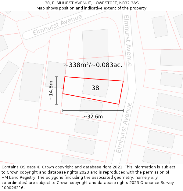 38, ELMHURST AVENUE, LOWESTOFT, NR32 3AS: Plot and title map