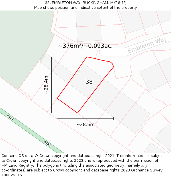 38, EMBLETON WAY, BUCKINGHAM, MK18 1FJ: Plot and title map