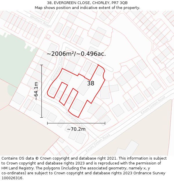 38, EVERGREEN CLOSE, CHORLEY, PR7 3QB: Plot and title map