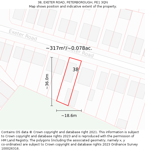 38, EXETER ROAD, PETERBOROUGH, PE1 3QN: Plot and title map