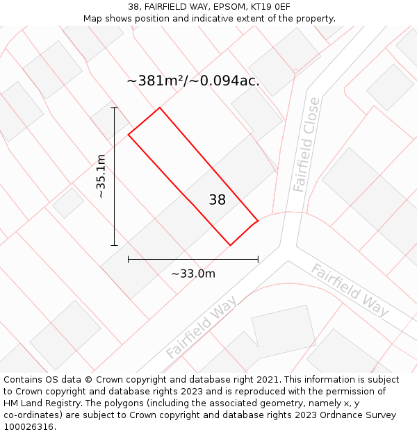 38, FAIRFIELD WAY, EPSOM, KT19 0EF: Plot and title map
