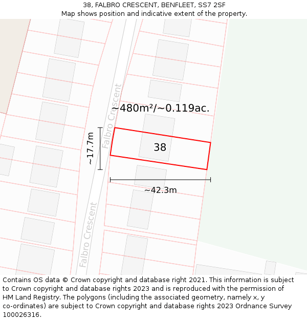38, FALBRO CRESCENT, BENFLEET, SS7 2SF: Plot and title map