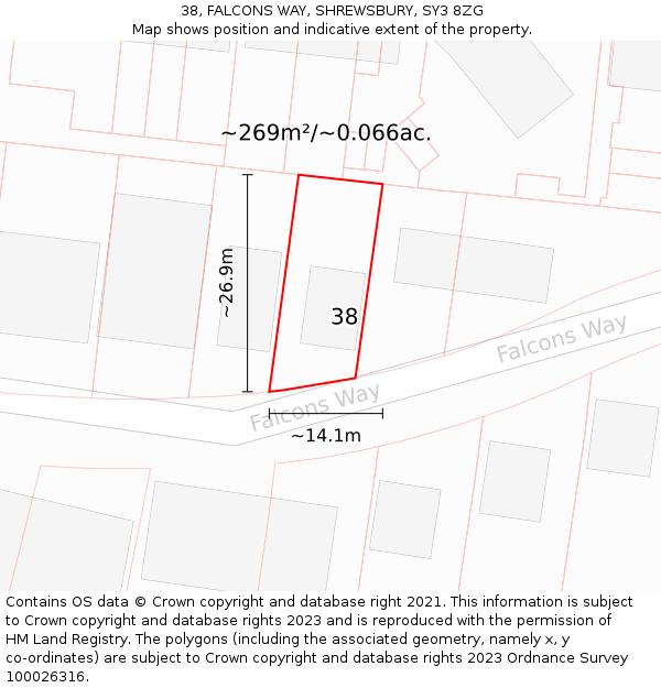 38, FALCONS WAY, SHREWSBURY, SY3 8ZG: Plot and title map