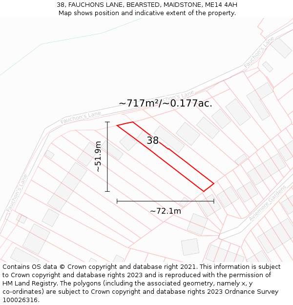 38, FAUCHONS LANE, BEARSTED, MAIDSTONE, ME14 4AH: Plot and title map