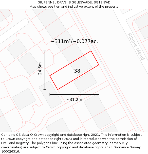 38, FENNEL DRIVE, BIGGLESWADE, SG18 8WD: Plot and title map