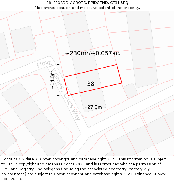 38, FFORDD Y GROES, BRIDGEND, CF31 5EQ: Plot and title map