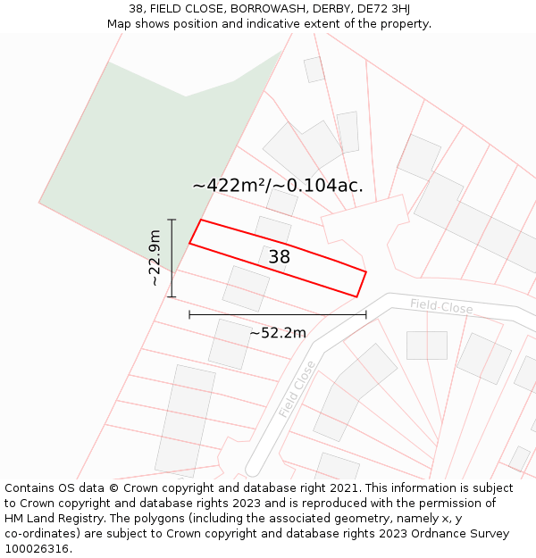 38, FIELD CLOSE, BORROWASH, DERBY, DE72 3HJ: Plot and title map