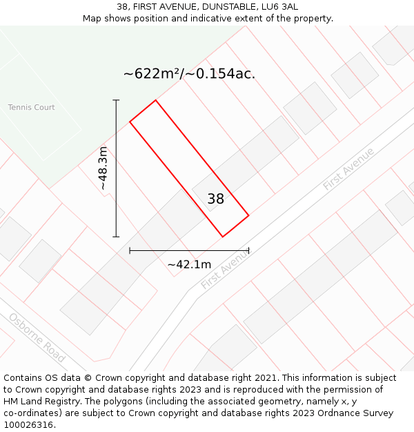 38, FIRST AVENUE, DUNSTABLE, LU6 3AL: Plot and title map