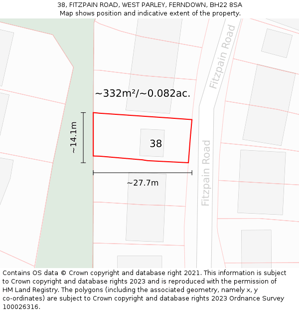 38, FITZPAIN ROAD, WEST PARLEY, FERNDOWN, BH22 8SA: Plot and title map