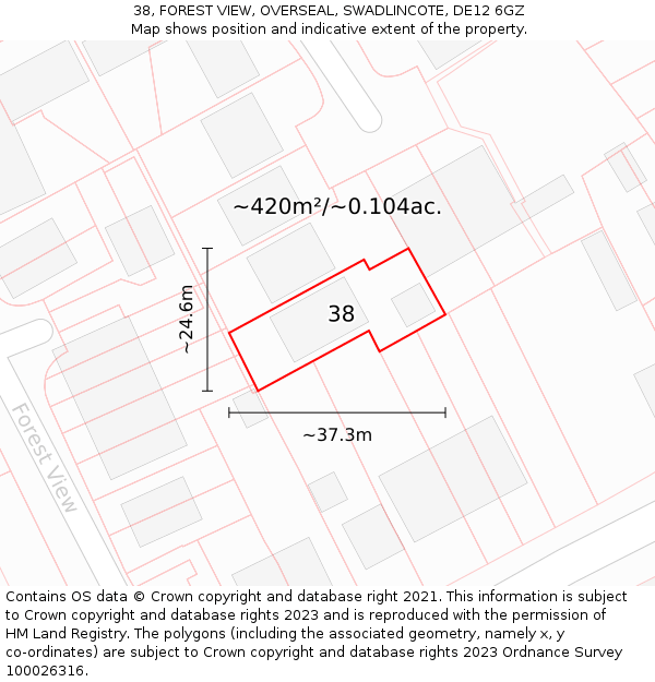 38, FOREST VIEW, OVERSEAL, SWADLINCOTE, DE12 6GZ: Plot and title map