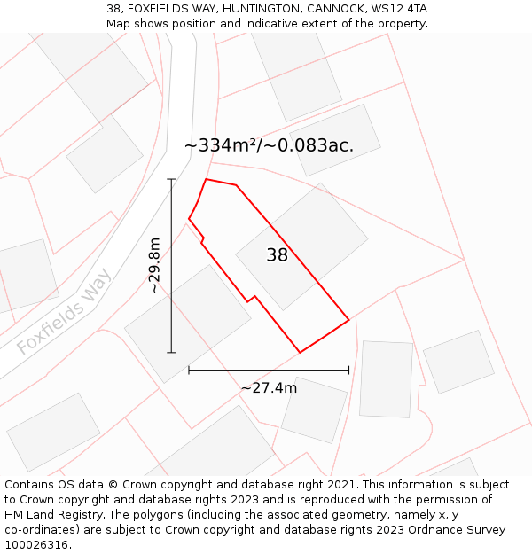 38, FOXFIELDS WAY, HUNTINGTON, CANNOCK, WS12 4TA: Plot and title map