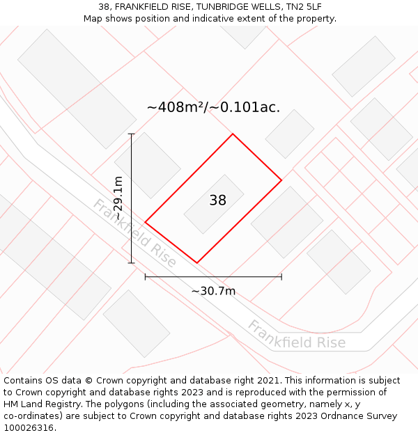 38, FRANKFIELD RISE, TUNBRIDGE WELLS, TN2 5LF: Plot and title map