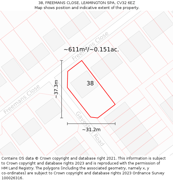 38, FREEMANS CLOSE, LEAMINGTON SPA, CV32 6EZ: Plot and title map