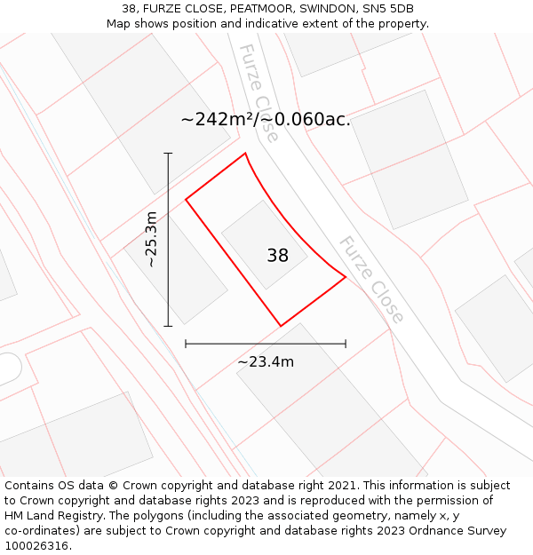 38, FURZE CLOSE, PEATMOOR, SWINDON, SN5 5DB: Plot and title map