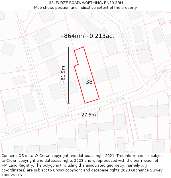 38, FURZE ROAD, WORTHING, BN13 3BH: Plot and title map
