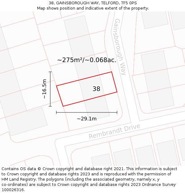 38, GAINSBOROUGH WAY, TELFORD, TF5 0PS: Plot and title map