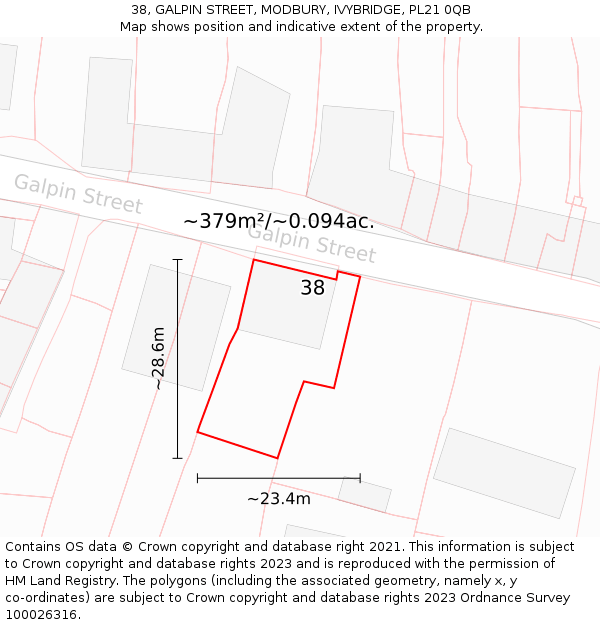 38, GALPIN STREET, MODBURY, IVYBRIDGE, PL21 0QB: Plot and title map